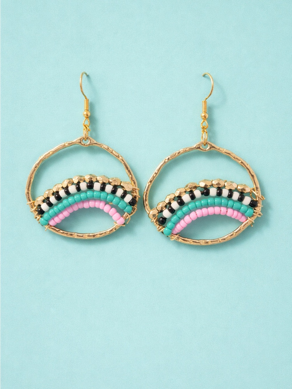 Hand sewn Gold Hoop Bead Drop Earrings with Pink and Turquoise Beads